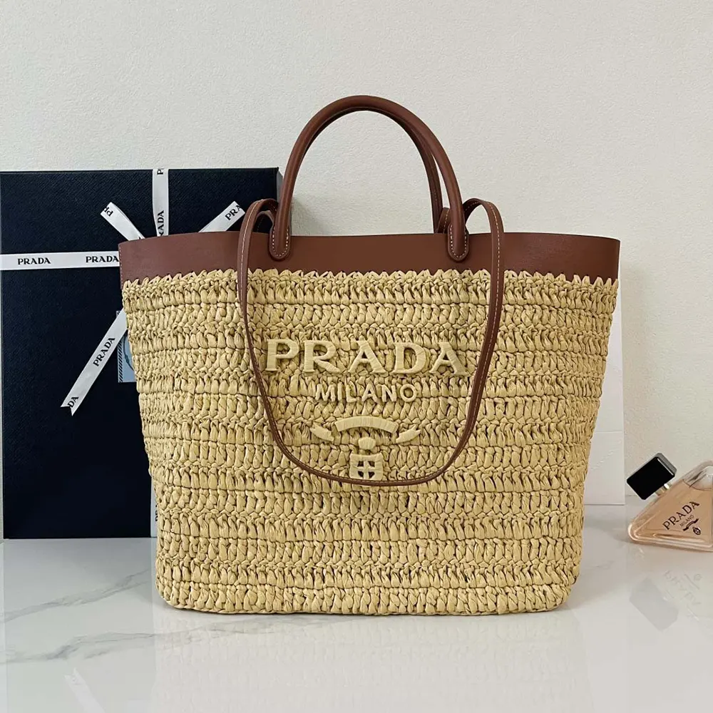 Prada Women Medium Crochet and Leather Tote Bag-Brown 1BG499