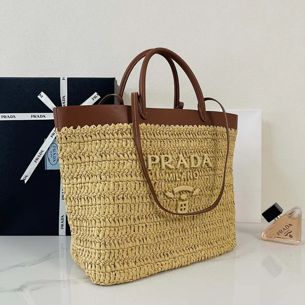 Prada Women Medium Crochet and Leather Tote Bag-Brown 1BG499
