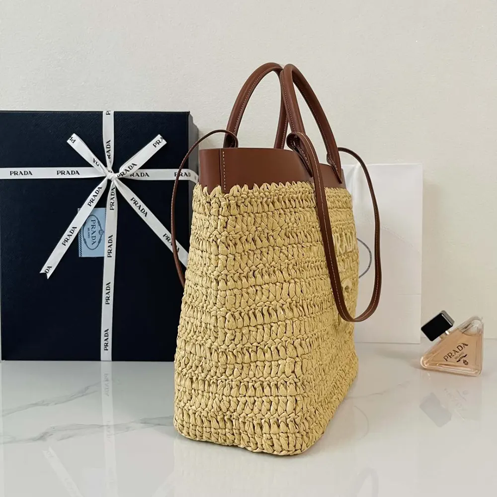 Prada Women Medium Crochet and Leather Tote Bag-Brown 1BG499