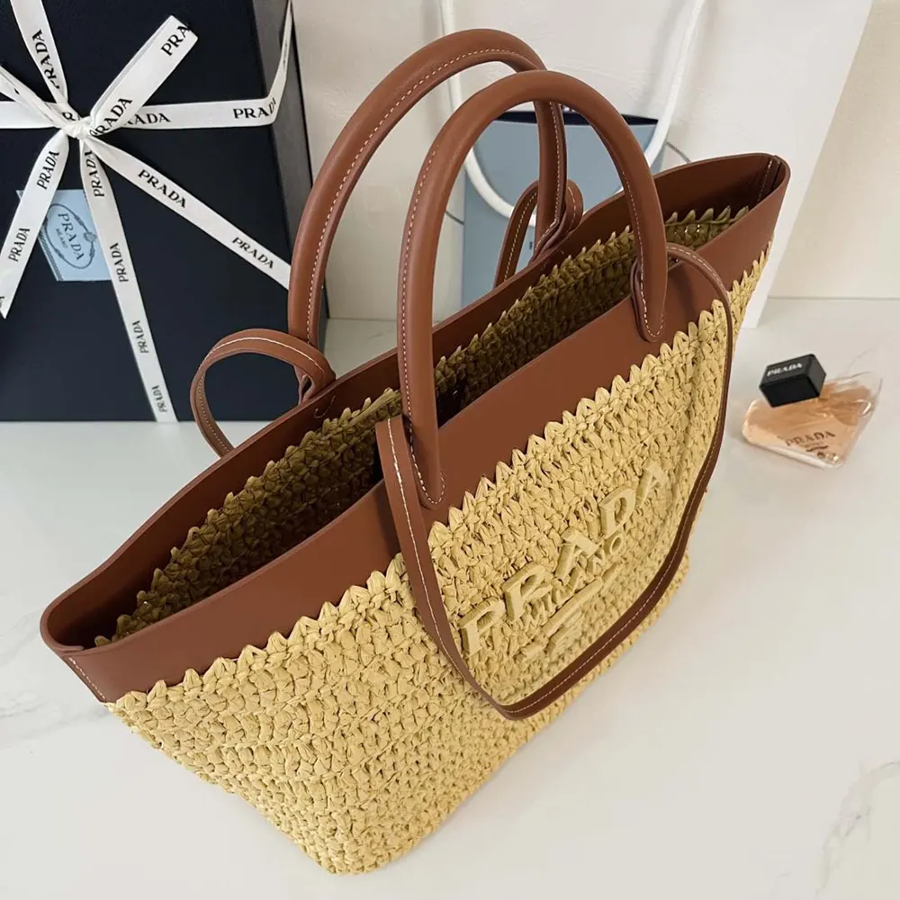 Prada Women Medium Crochet and Leather Tote Bag-Brown 1BG499