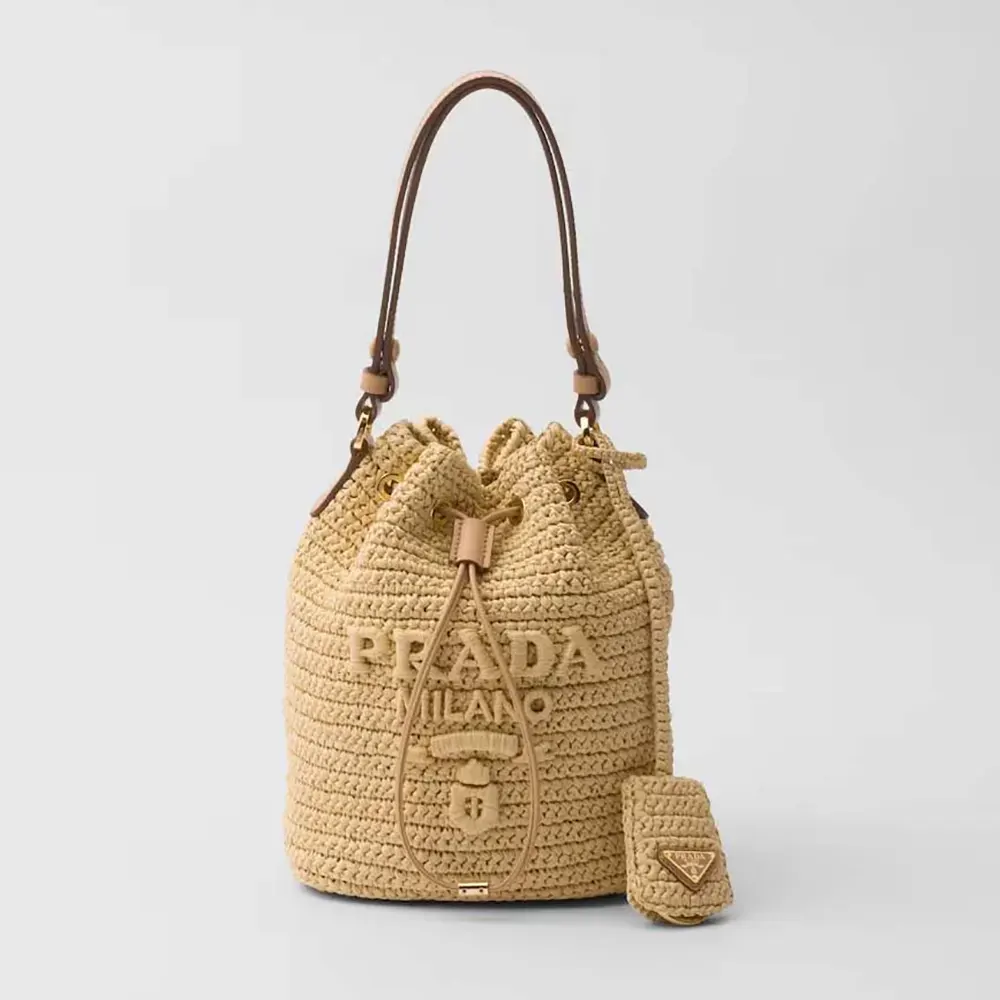 Prada Women Mini Crochet and Leather Bucket Bag-Natural 1BE068