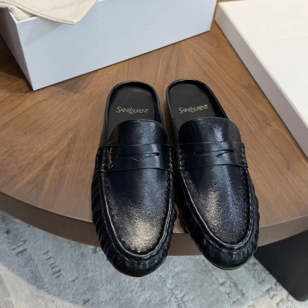 Saint Laurent YSL Unisex Le Loafer Mules in Shiny Creased Leather 852392AA