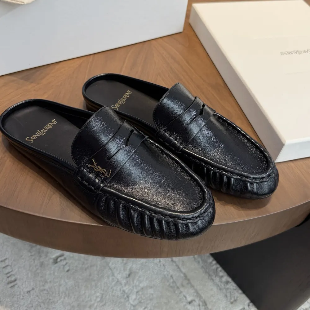 Saint Laurent YSL Unisex Le Loafer Mules in Shiny Creased Leather 852392AA