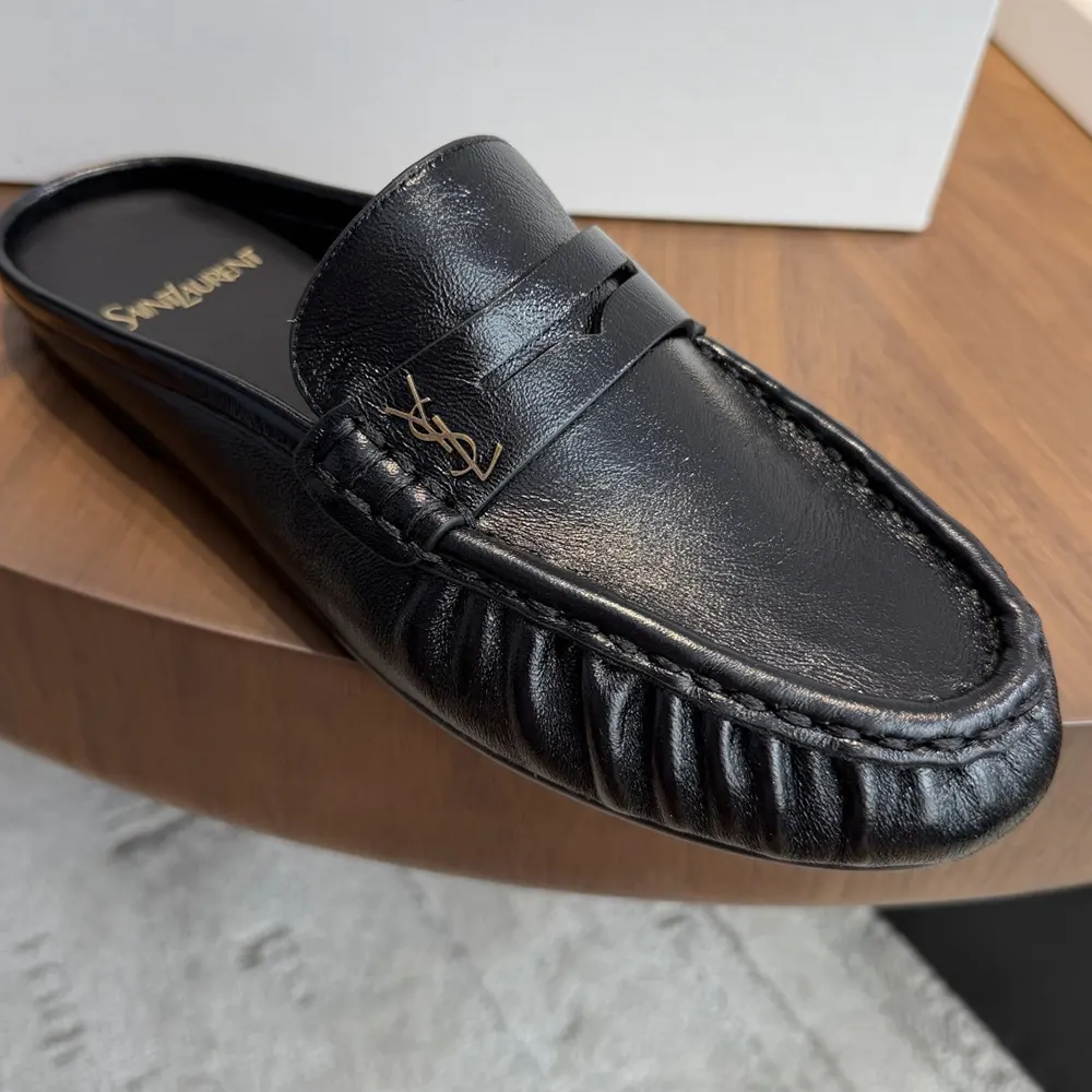 Saint Laurent YSL Unisex Le Loafer Mules in Shiny Creased Leather 852392AA