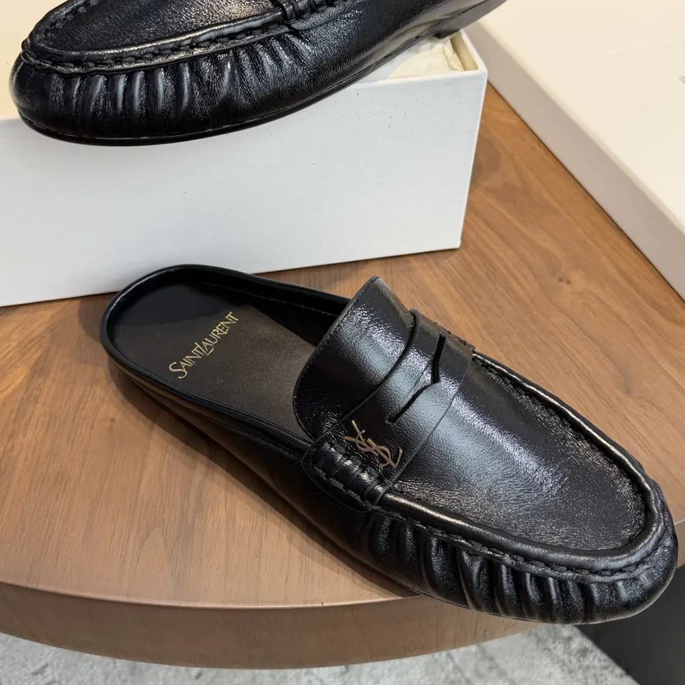 Saint Laurent YSL Unisex Le Loafer Mules in Shiny Creased Leather 852392AA