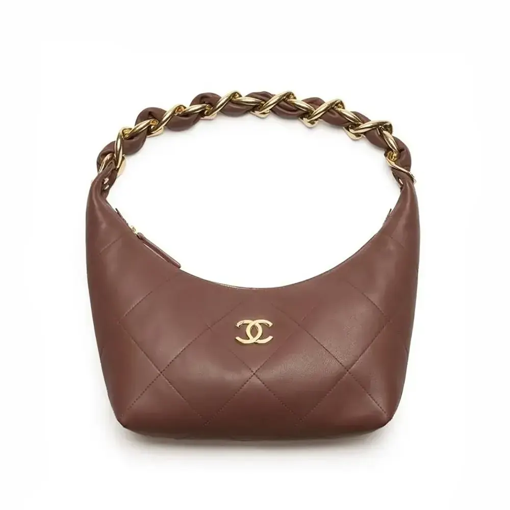 Chanel Women 25K Chain Hobo Tote Bag Gold-Tone Metal-Dark Brown