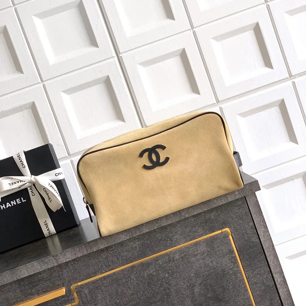 Chanel Women Large Zipped Pouch Suede Calfskin-Beige AP5267 2 Chanel Women Large Zipped Pouch Suede Calfskin-Beige AP5267